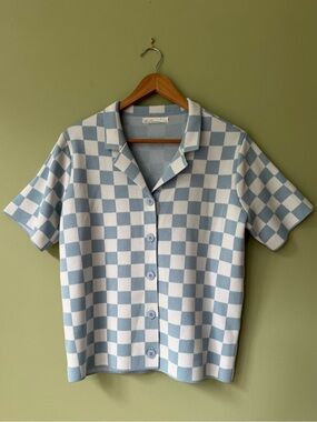 OAK + FORT Plaid Checkered Collar Button Down Knit Camp Blue White Shirt Top